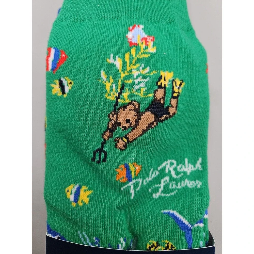 Polo Ralph Lauren Socks Mens 10-13 Green 2 Pair Polo Bear Preppy Diving Fish